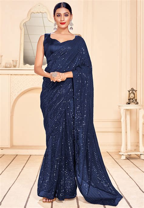 navy blue saree with silver work|navy blue saree for farewell.